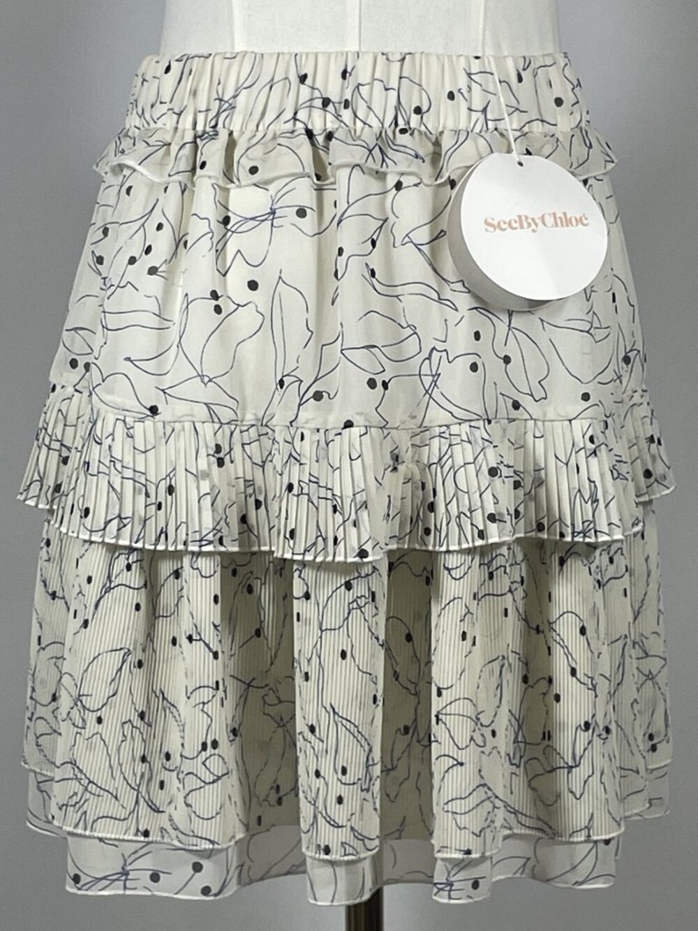 ✨ NWT See by Chloé Abstract Art Pleated Georgette Tiered Mini Skirt Size 38/6 ✨